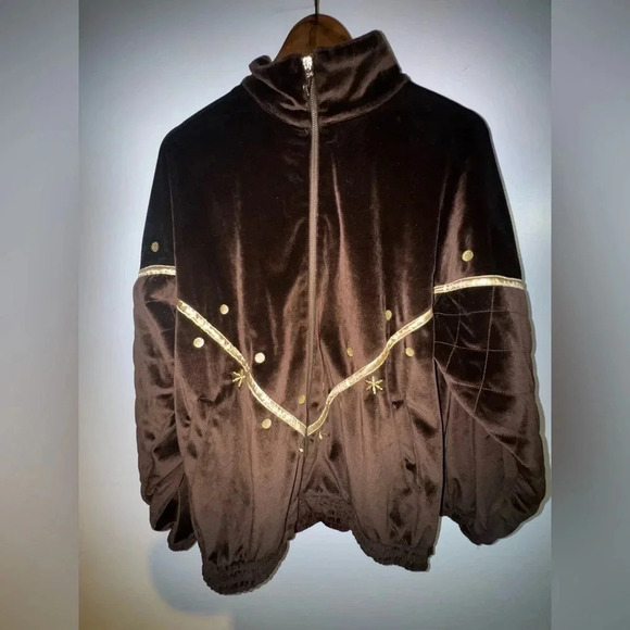 Vintage 80 Velour Brown and Gold Star Embroidered zip Euro Joy Jacket size large - Picture 1 of 4